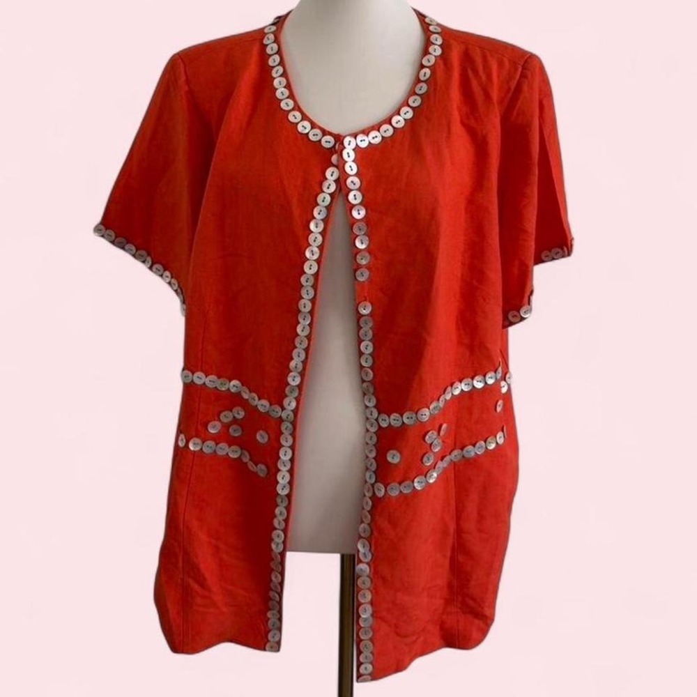 Vintage Lino USA‎ Orange Linen Shell Bead Trim Blouse — Size XXL